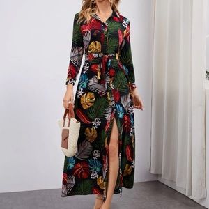 SHEIN Tropical Print Belted Shirt Dress Size xsmall